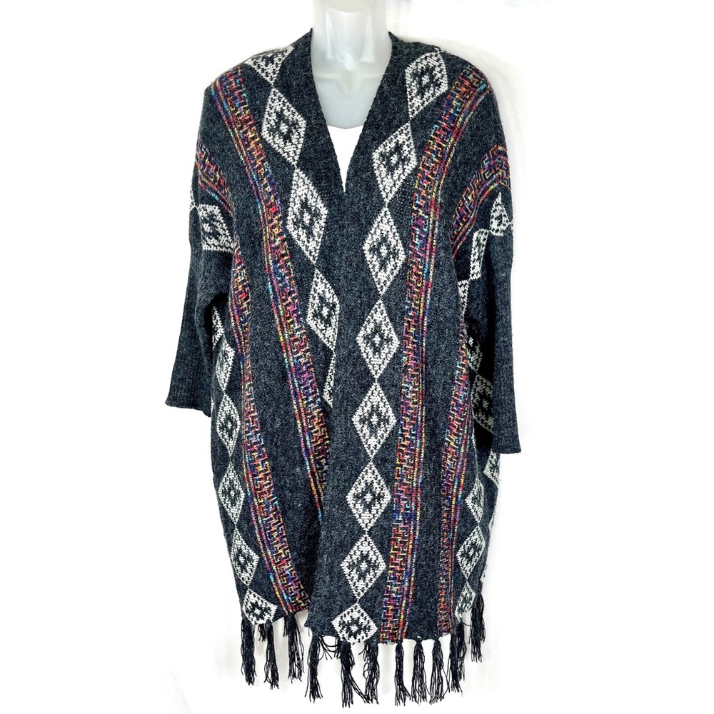 Dreamers Women’s Medium Gray Open Front Knitted Cardigan Boho‎ Fringe
